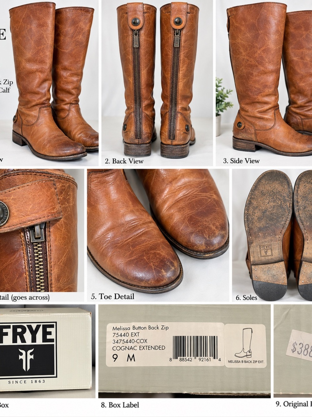 Frye Melissa Button Back Zip Extended Calf Leather Boots Size 9 Cognac